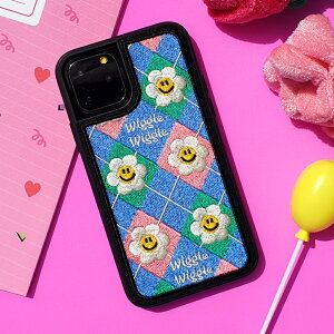 Embroidery Case - Smiles We Love Argyle 刺しゅう 刺繍 高級感 スマホケース スマホカバー iphone かわいい 可愛い スマイル お花 アーガイル チェック パステル ニコニコ ウィグルウィグル wigglewiggle 韓国 人気